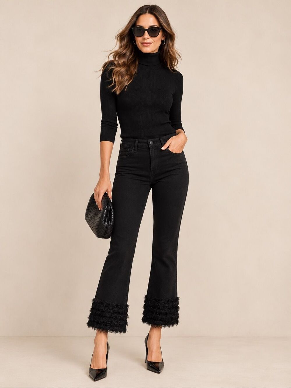 L’AGENCE Tati Feather Trim High Rise Cropped Black Jeans Size 30